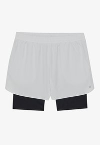 Ανοιχτό γκρι αθλητικά σορτς με πλατιά ελαστική ζώνη, διαθέτοντας δύο πλευρικές τσέπες και ενσωματωμένα μαύρα εσωτερικά σορτς για επιπρόσθετη κάλυψη.