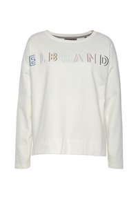 Sudadera blanca de manga larga con cuello redondo, que presenta un texto bordado multicolor "EIBSAND" en la parte delantera. Textura suave, corte relajado.