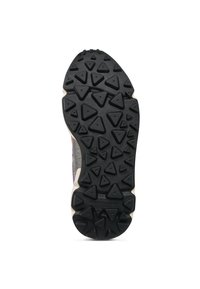 Black rubber outsole featuring a textured pattern of triangular lugs for traction, designed for outdoor activities.
