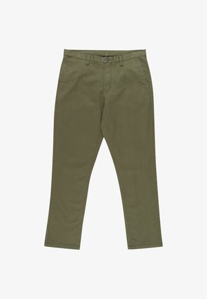 Chino verde oliva in cotone, con design a gamba dritta, passanti per cintura, chiusura frontale con bottone e tasche laterali a fessura.