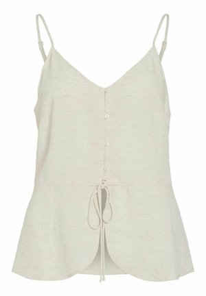 Top bej fără mâneci, cu bretele subțiri reglabile, nasturi în față și detaliu cu șnur legat în talie.