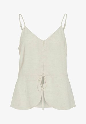 Beżowy top bez rękawów z cienkimi regulowanymi ramiączkami, guzikami z przodu i wiązaną sznurówką w talii.