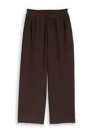 Pantalon large marron texturé avec taille élastique et poches latérales, conçu pour un usage décontracté.