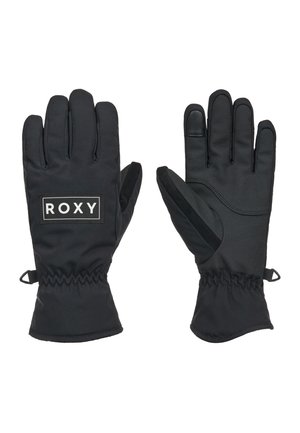 Zwarte geïsoleerde handschoenen met elastische polsen, één toont de voorkant met het "ROXY" logo, de ander toont de handpalm met grip patches.