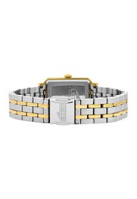 Sidabrinė ir auksinė metalinė apyrankė su stačiakampiu ciferblatu, mineraliniu stiklų ir raštuota metalinė apyrankė. Yra užsegimas su "LOTUS" įrašu.