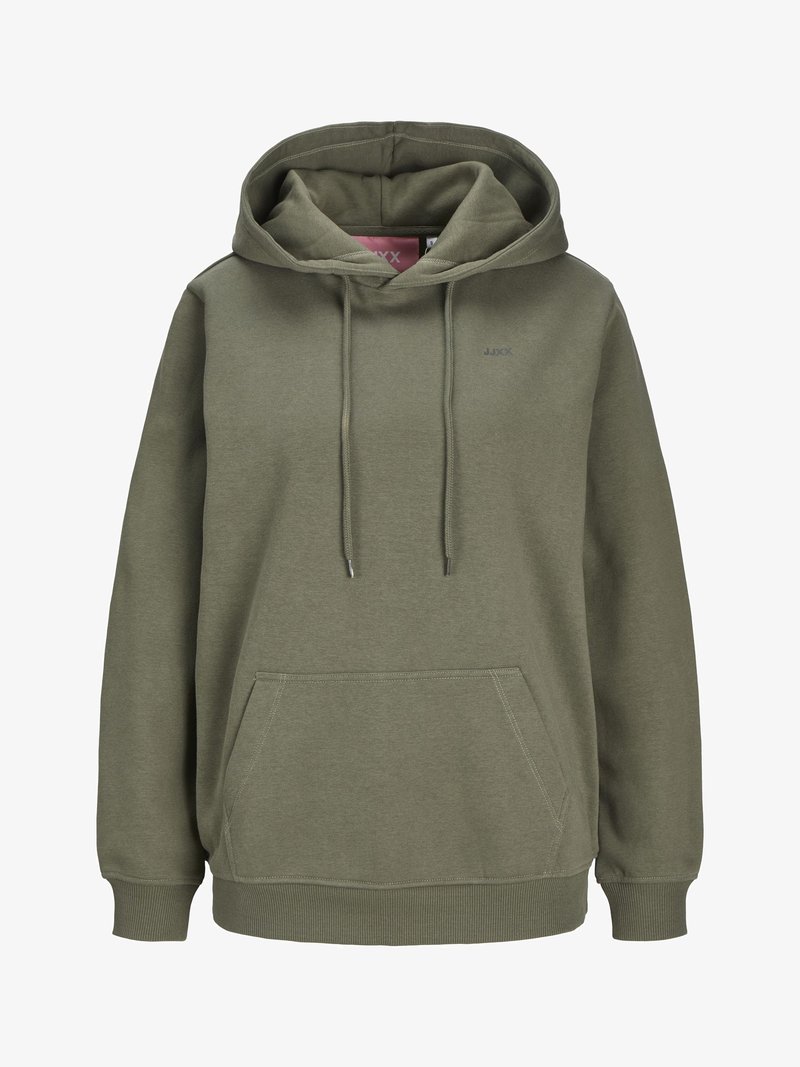 Sweatshirt verde-oliva feito de tecido macio, com um bolso canguru, capuz ajustável e punhos e bainha canelados para um ajuste descontraído.