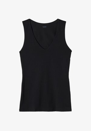 Black sleeveless top with a deep v-neckline, made from soft fabric. Simple design with no patterns or embellishments.