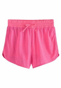 Roze sportbroekjes met een gestructureerd wafelpatroon, een elastische tailleband en een verstelbare trekkoord. Voorzien van zijsplitten voor extra bewegingsvrijheid.
