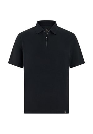 Černé polokošile s krátkými rukávy, s límečkem na zip, hladkou texturou a minimalistickým designem. Na lemu je malý logo.