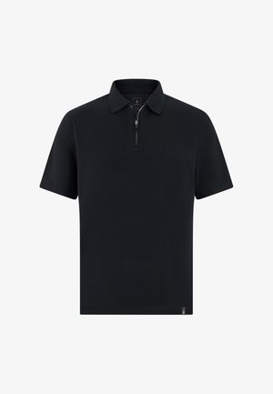 Černé polokošile s krátkými rukávy, s límečkem na zip, hladkou texturou a minimalistickým designem. Na lemu je malý logo.