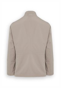 Beige jacka med ren design, som har krage, långa ärmar och sömlös rygg. Tillverkad av ett mjukt, lätt material.