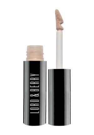Illuminateur liquide dans un tube cylindrique noir avec des accents argentés. Contient un applicateur de surligneur beige avec un design d'embout unique.