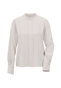 Hellbeige Bluse mit langen Ärmeln, hohem Rundhalsausschnitt, vorn Falten und knöpfbaren Manschetten.