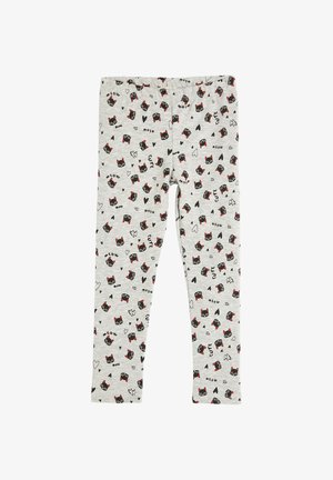 Leggings infantiles de color gris claro con caras de gatos negros, orejas rojas y corazones negros, salpicados de palabras "miau" y "lindo" en texto negro.