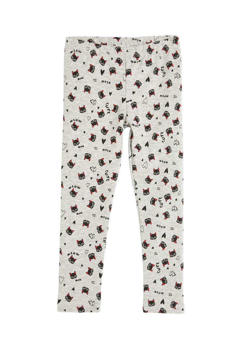 Jasnoszare legginsy dziecięce z czarnymi twarzami kotów, czerwonymi uszami i czarnymi sercami, w scattered z napisami "miau" i "słodki" w czarnym kolorze.
