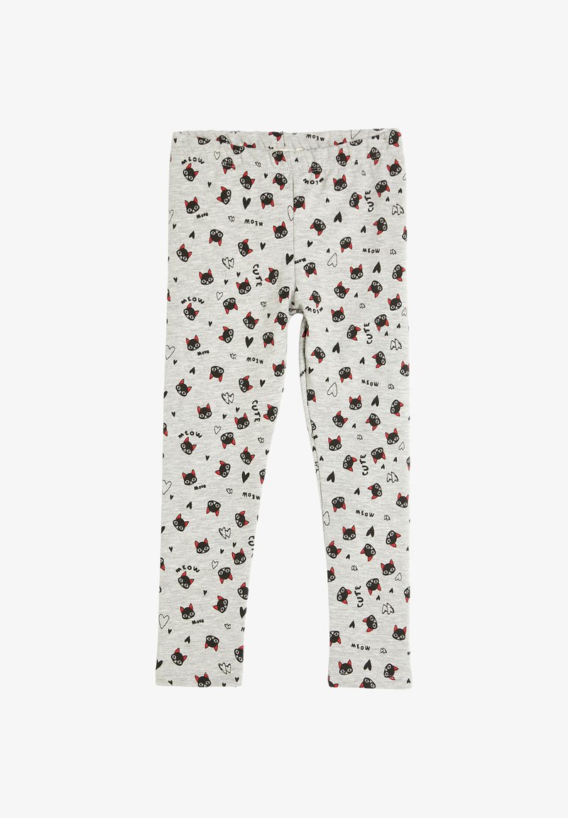 Jasnoszare legginsy dziecięce z czarnymi twarzami kotów, czerwonymi uszami i czarnymi sercami, w scattered z napisami "miau" i "słodki" w czarnym kolorze.