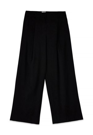 Schwarze, weit geschnittene Hosen mit Gürtelschlaufen, vorderen Falten und hoher Taille, flach auf weißem Hintergrund dargestellt.