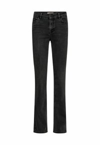 Jeans de mezclilla negra con un diseño de pierna recta, que cuentan con cinco bolsillos, un cierre de botón en la parte frontal y un ligero desgaste para darle textura.