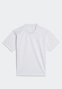 Bílý krátký rukáv tričko z bavlněné směsi, s jemnými vzory ptáků, kulatým výstřihem a volným střihem.