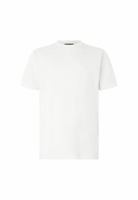 Weißes T-Shirt mit kurzen Ärmeln und Rundhalsausschnitt. Hergestellt aus weichem Stoff, hat es eine glatte Textur und ein minimalistisches Design ohne Muster.