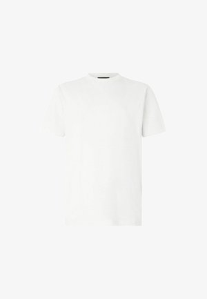 Camiseta blanca de manga corta con cuello redondo. Hecha de una tela suave, presenta una textura lisa y un diseño minimalista sin patrones.