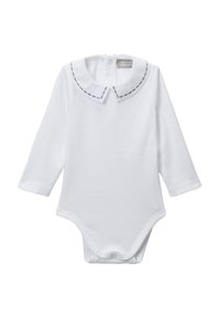 Bodysuit pour bébé à manches longues blanche avec col en Peter Pan bordé de couture bleu marine et boutons-pression en bas.