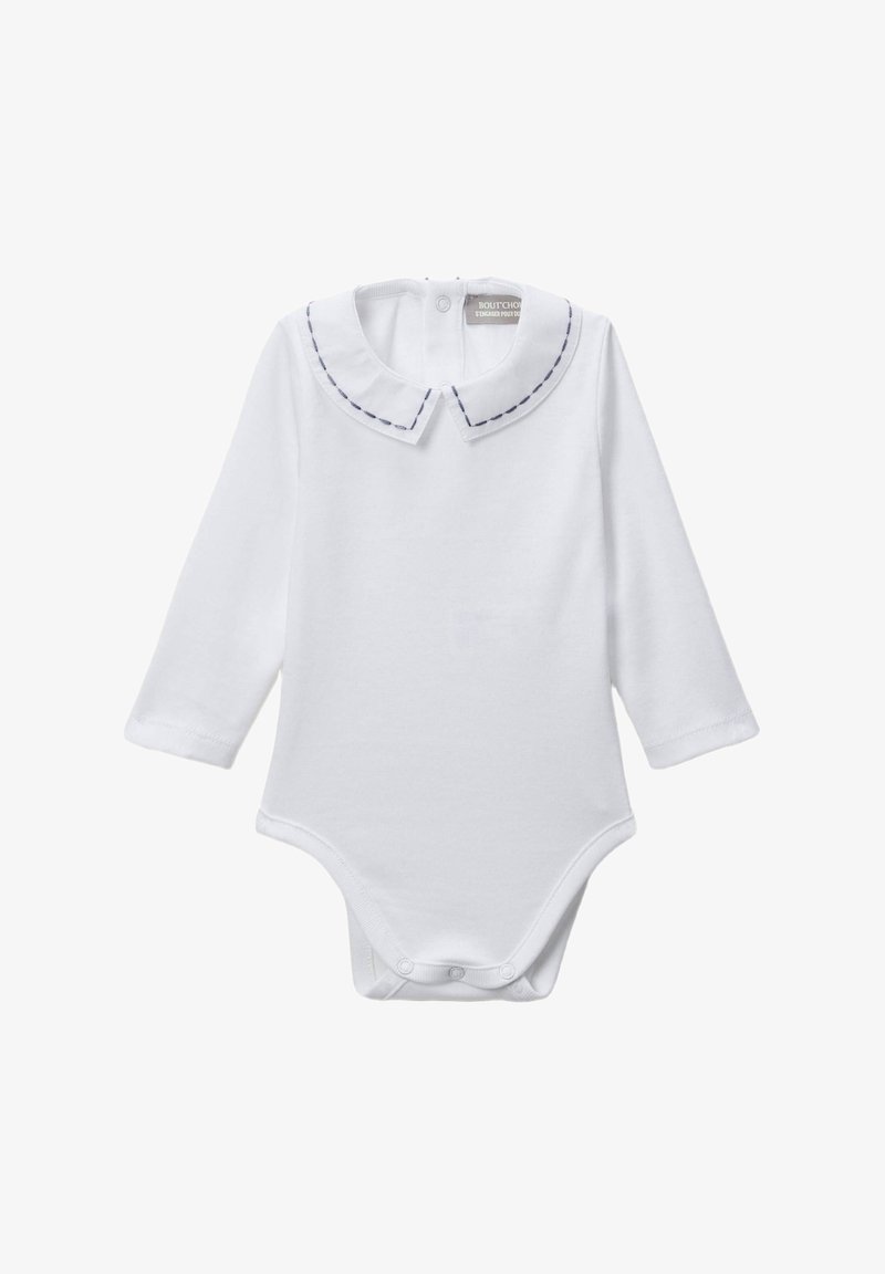 Bodysuit pour bébé à manches longues blanche avec col en Peter Pan bordé de couture bleu marine et boutons-pression en bas.