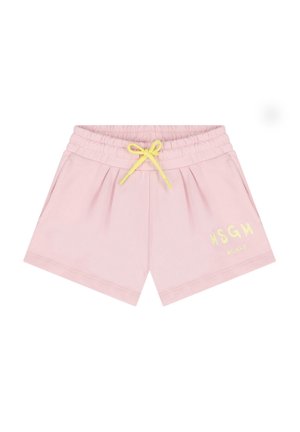 Jasnoróżowe szorty z elastycznym pasem, żółtym sznurkiem, bocznymi kieszeniami oraz żółtym logo MSGM Milano na lewej nogawce.