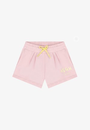 Jasnoróżowe szorty z elastycznym pasem, żółtym sznurkiem, bocznymi kieszeniami oraz żółtym logo MSGM Milano na lewej nogawce.
