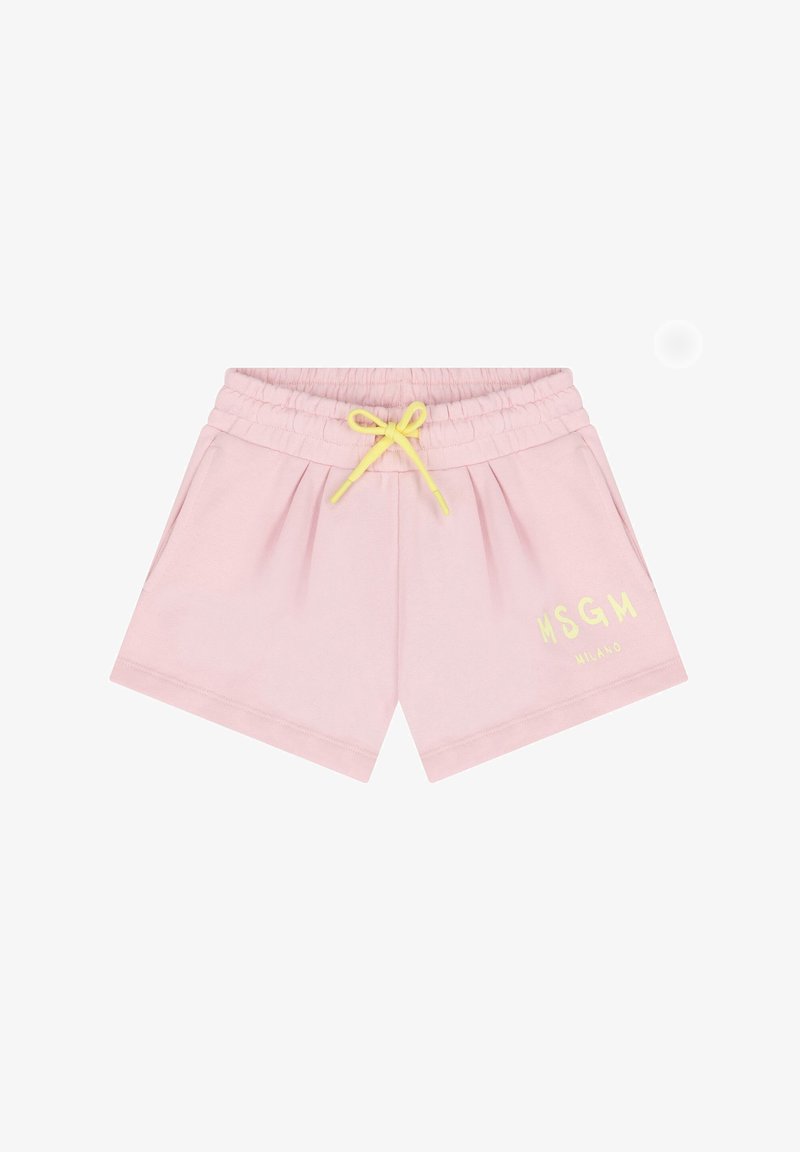 Pantalones cortos de color rosa claro con cintura elástica, cordón amarillo, bolsillos laterales y logo amarillo de MSGM Milano en la pierna izquierda.