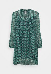 Green floral dress with a dark navy background, featuring long sheer sleeves, a v-neck, and a gathered waistline. Lightweight fabric.