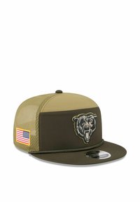 Grünes Cap mit einem Bären-Graphic auf der Vorderseite, Netzseiten, flachem Schirm und einem USA-Flaggen-Patch. Verfügt über kontrastierende Farbpaneele.