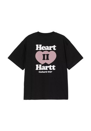 Zwarte katoenen t-shirt met korte mouwen, met een grafisch ontwerp in wit en lichtroze waarop "Heart ♥ Hartt" op de achterkant staat.
