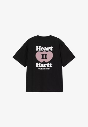 Zwarte katoenen t-shirt met korte mouwen, met een grafisch ontwerp in wit en lichtroze waarop "Heart ♥ Hartt" op de achterkant staat.
