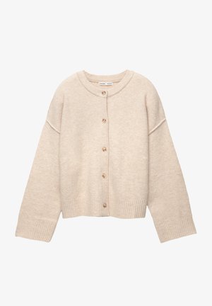 Beige uldcardigan med rund halsudskæring, fem knapper foran, lange ærmer og ribbede manchetter og kant.