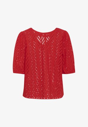 Red, short-sleeve top featuring a textured, openwork design with a chevron pattern. Lightweight fabric with a relaxed fit and round neckline.