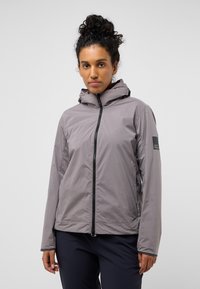 Lightweight grey hooded jacket with a zip front, elastic cuffs, and logo detail on the sleeve. Features a smooth, water-resistant texture.