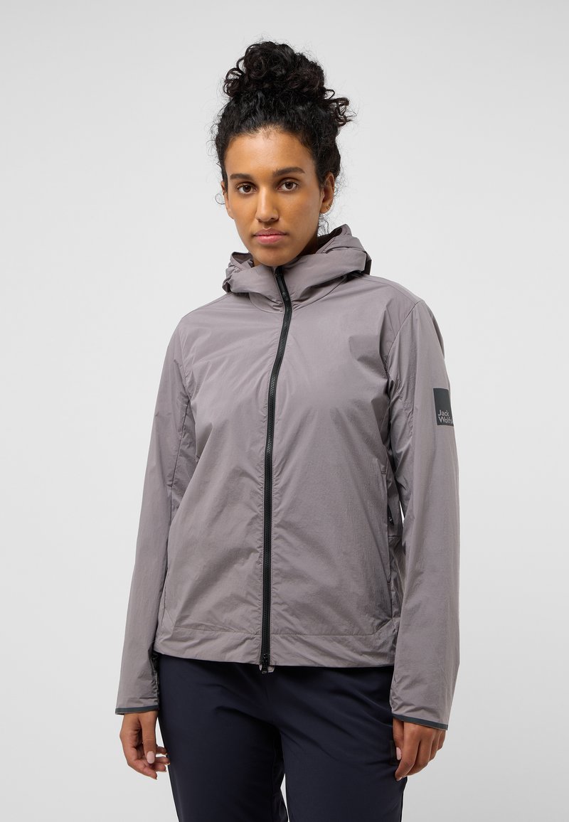 Lightweight grey hooded jacket with a zip front, elastic cuffs, and logo detail on the sleeve. Features a smooth, water-resistant texture.
