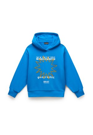Blue hoodie featuring a gold sunburst graphic and white text. Made from soft fabric, it has a kangaroo pocket and ribbed cuffs.