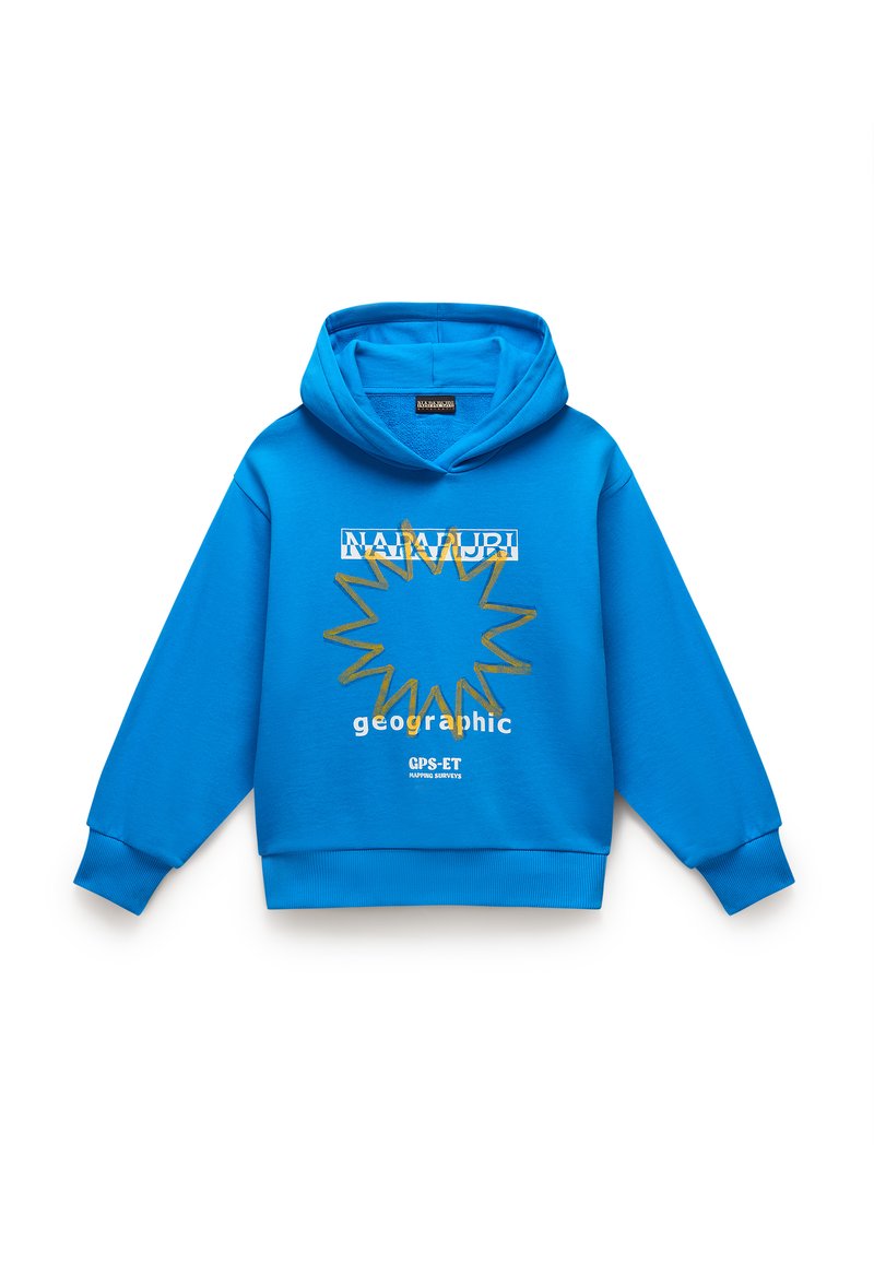 Haut à capuche bleu avec un graphique en forme de rayon de soleil doré et du texte blanc. Fabriqué en tissu doux, il possède une poche kangourou et des poignets côtelés.