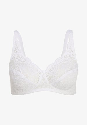Fehér csipkebralett virágmintával, állítható pántokkal és sima felülettel. Puha melltartóbetétek fodros szélekkel a további részletességért.