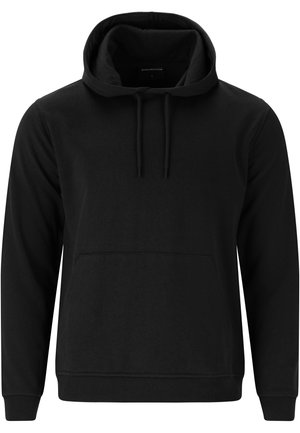Un hoodie noir en tissu doux, avec une poche avant, un capuche à cordon de serrage et des poignets côtelés. Design simple et fonctionnel.