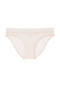 Slip in pizzo rosa chiaro con una morbida fascia elastica in vita. Presenta un motivo floreale e una texture trasparente. Taglio classico con copertura minima.