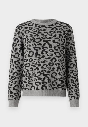 Grauer Pullover mit einem schwarzen Leopardenmuster. Hat einen runden Halsausschnitt sowie gerippte Bündchen und Saum. Aus weichem Strickmaterial gefertigt.