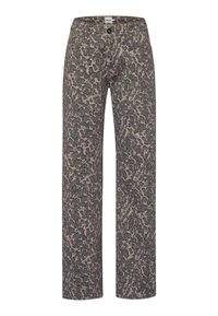 Pantaloni a stampa leopardata in tonalità di grigio e beige, con un design a gamba dritta, passanti per cintura e tasche frontali.