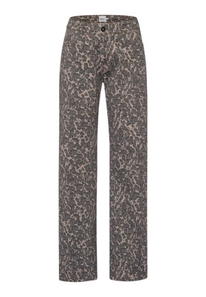 Pantalons en imprimé léopard dans des teintes de gris et de beige, présentant une coupe droite, des passants de ceinture et des poches avant.