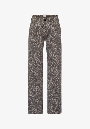 Pantaloni a stampa leopardata in tonalità di grigio e beige, con un design a gamba dritta, passanti per cintura e tasche frontali.