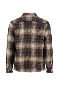 Flannel skjorte med et brunt, cremefarvet og marineblåt ternet mønster. Har krave og knapmanchetter; lavet af tungt, struktureret stof.