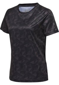 Černé sportovní tričko s geometrickým trojúhelníkovým vzorem, krátkými rukávy, kulatým výstřihem a hladkým, prodyšným materiálem.