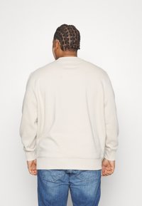 Helle beige Sweatshirt mit langen Ärmeln und gerippten Bündchen, getragen mit blauen Jeans, von hinten vor einem weißen Hintergrund betrachtet.